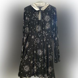 Black Goth High White Collar long sleeve Moon, Stars & Sun Black Dress